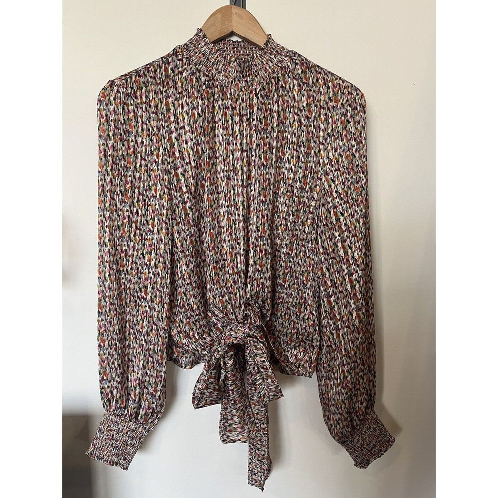 Maison D Amelie Multicolored Mock Neck Tie Front Blouse Size Small